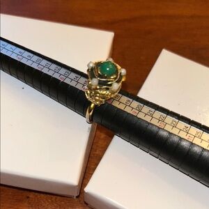 Shank 1/20 14k gold ring green clear beads floral shape Victorian ornate boho